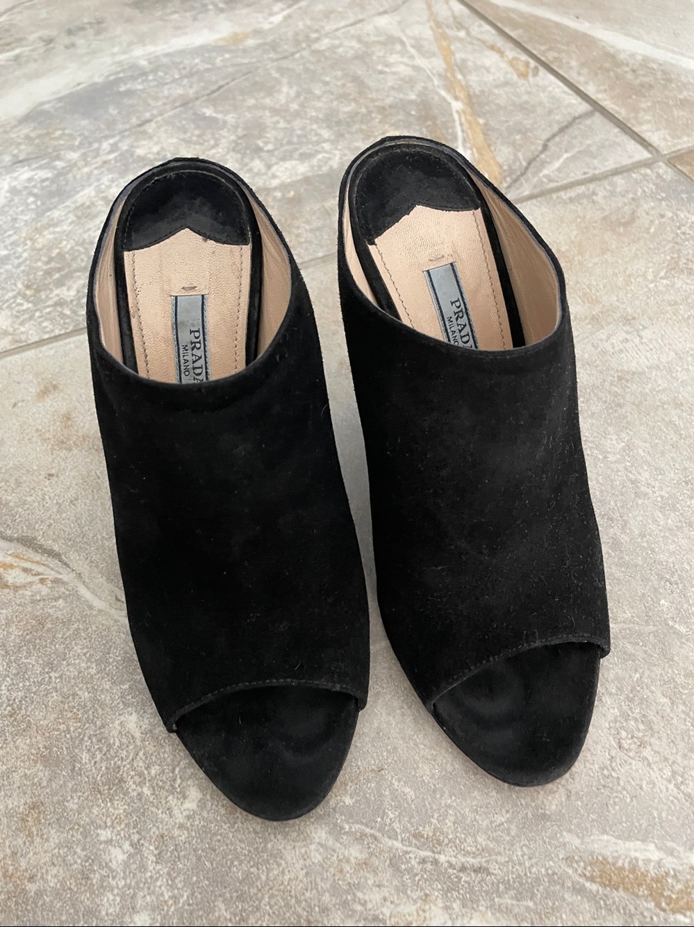 Prada Black Suede Peep-Toe Mule Slides Size 6  EU 36.5